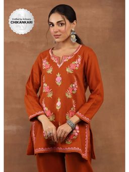 House of Chikankari - Aari Embroidered Women's Short Kurta-Rust