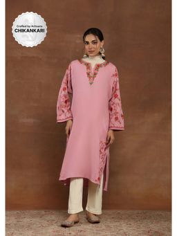 House of Chikankari - Aari Embroidered Women's Phiran Kurta -Pink