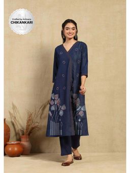 House of Chikankari - Hoc Kantha Denim Printed Women'S A-Line Blue Kurta