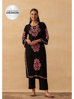 House of Chikankari - Black Rayon Chikankari Solid Womens Long Kurta