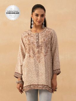 House of Chikankari - Brown Crepe Chikankari Printed Womens Short Kurta
