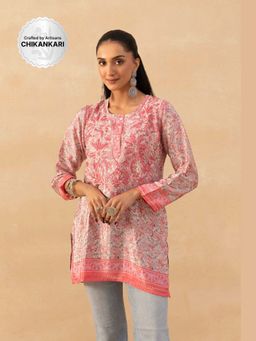 House of Chikankari - Pink Crepe Chikankari Printed Womens Short Kurta