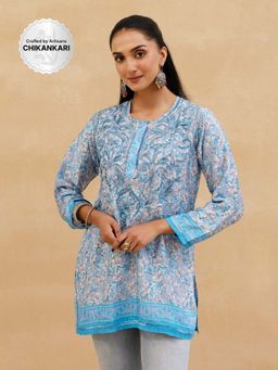House of Chikankari - Sky Blue Crepe Chikankari Printed Womens Short Kurta
