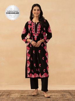 House of Chikankari - Black Rayon Chikankari Solid Womens Long Kurta