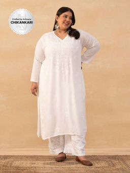 House of Chikankari - White Modal Chikankari Solid Womens Long Kurta