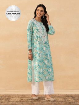 House of Chikankari - Green Mulmul Chikankari Printed Womens Long Kurta