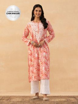 House of Chikankari - Pink Mulmul Chikankari Printed Womens Long Kurta