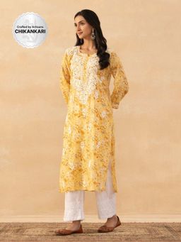 House of Chikankari - Yellow Mulmul Chikankari Printed Womens Long Kurta