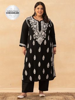 House of Chikankari - Black Rayon Chikankari Solid Womens Long Kurta