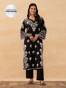 House of Chikankari - Black Rayon Chikankari Solid Womens Long Kurta