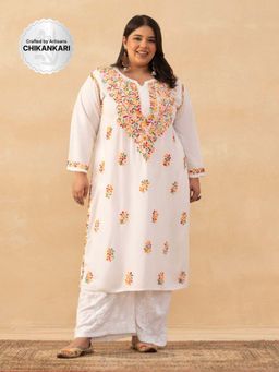 House of Chikankari - White Rayon Chikankari Solid Womens Long Kurta