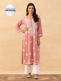House of Chikankari - Dust Pink Rayon Chikankari Solid Womens Long Kurta