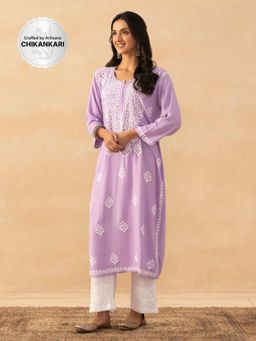 House of Chikankari - Lavender Rayon Chikankari Solid Womens Long Kurta