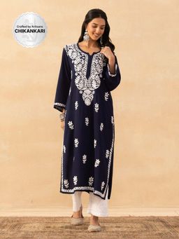 House of Chikankari - Navy Rayon Chikankari Solid Womens Long Kurta