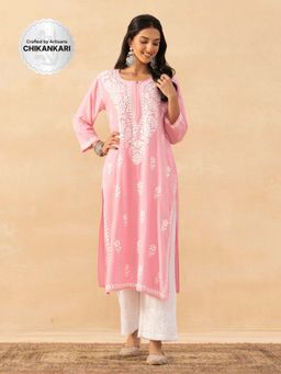House of Chikankari - Pink Rayon Chikankari Solid Womens Long Kurta