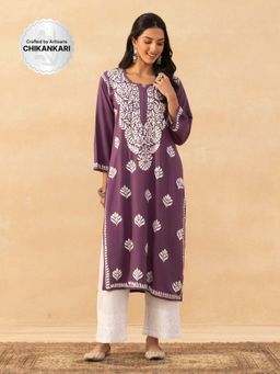 House of Chikankari - Purple Rayon Chikankari Solid Womens Long Kurta