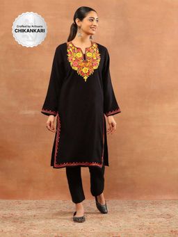 House of Chikankari - Black Wool Aari Embroidered Solid Womens Long Kurta