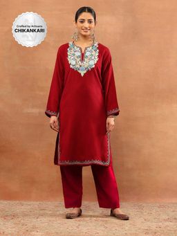 House of Chikankari - Red Wool Aari Embroidered Solid Womens Long Kurta