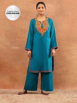 House of Chikankari - Teal Wool Aari Embroidered Solid Womens Long Kurta