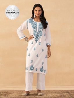 House of Chikankari - White Cotton Chikankari Solid Womens Long Kurta