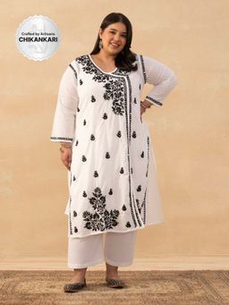 House of Chikankari - White Cotton Dobby Chikankari Solid Womens Long Angrakha Kurta