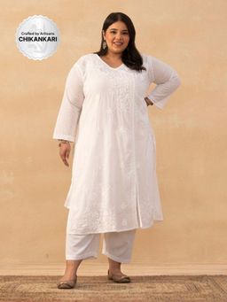 House of Chikankari - White Cotton Dobby Chikankari Solid Womens Long Angrakha Kurta