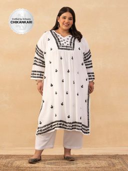 House of Chikankari - White Muslin Chikankari Solid Womens Long Kurta