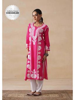 House of Chikankari - Magenta Pure Cotton Chikankari Embroidered Women's Long Kurta