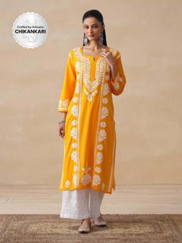 House of Chikankari - Yellow Pure Cotton Chikankari Embroidered Women's Long Kurta