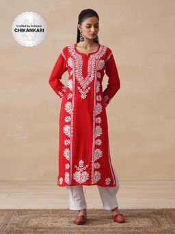 House of Chikankari - Red Pure Cotton Chikankari Embroidered Women's Long Kurt
