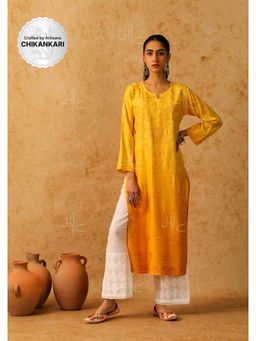 House of Chikankari - Yellow Shab Chikankari Chanderi Straight Kurta