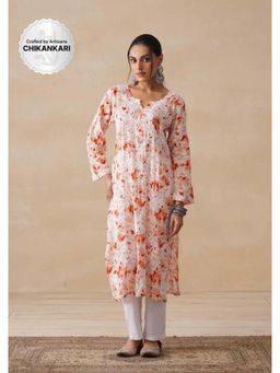 House of Chikankari - Orange Hoc Mulmul Chikankari Printed Women's Long Kurta