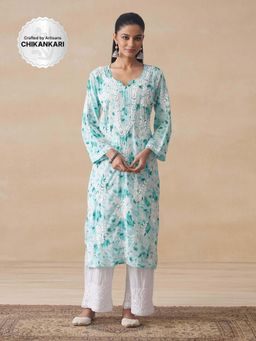 House of Chikankari - Green Hoc Mulmul Chikankari Printed Women's Long Kurta