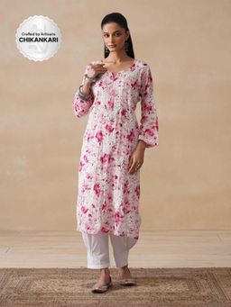 House of Chikankari - Pink Hoc Mulmul Chikankari Printed Women's Long Kurta