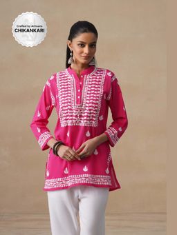 House of Chikankari - Pink Pure Cotton Chikankari Womens Short Kurta