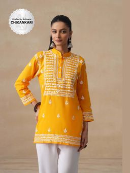 House of Chikankari - Mustard Pure Cotton Chikankari Womens Short Kurta