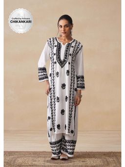 House of Chikankari - White Rayon Chikankari Long Kurta with Palazzo