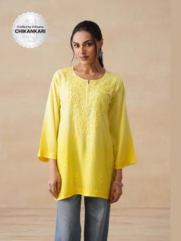 House of Chikankari - Yellow Rayon Chikankari Womens Short Kurta