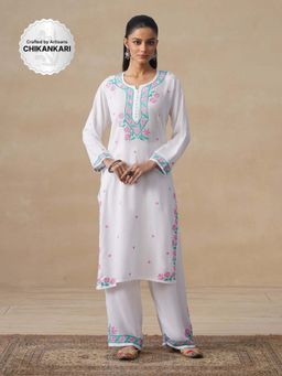 House of Chikankari - White Rayon Chikankari Long Kurta with Pant