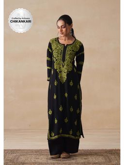 House of Chikankari - Black Rayon Chikankari Womens Long Kurta