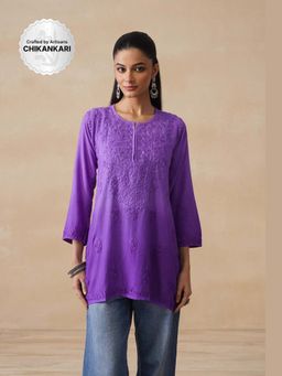 House of Chikankari - Purple Rayon Chikankari Womens Short Kurta