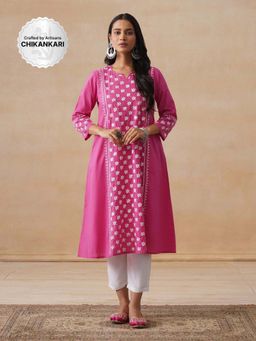House of Chikankari - Cambric Pink Chikankari A-Line Women's Long Kurta