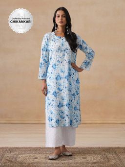 House of Chikankari - Mulmul Chikankari Blue Print Women's Long Kurta