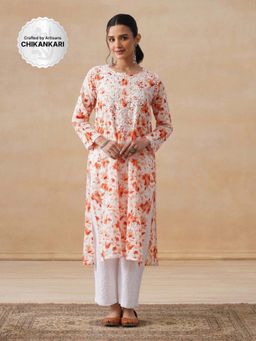 House of Chikankari - Mulmul Chikankari Orange Print Women's Long Kurta