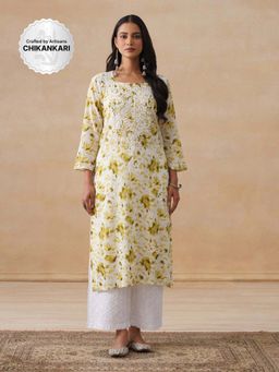 House of Chikankari - Mulmul Chikankari Olive Print Women's Long Kurta