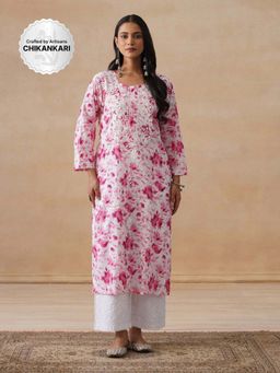 House of Chikankari - Mulmul Chikankari Pink Print Women's Long Kurta