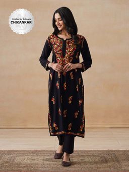 House of Chikankari - Rayon Chikankari Women's Long Kurta - Black