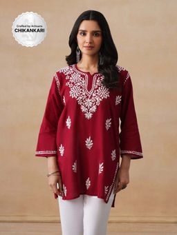 House of Chikankari - Cotton Chikankari Women's Short Kurta - Maroon