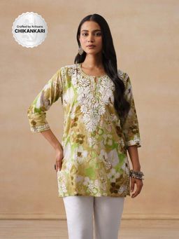 House of Chikankari - Mulmul Chikankari Printed Women's Short Kurta - Multicolour