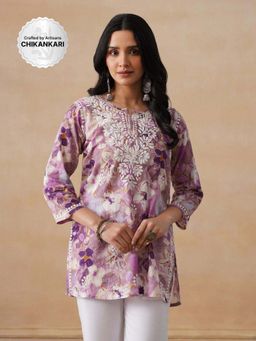 House of Chikankari - Mulmul Chikankari Printed Women's Short Kurta - Purple